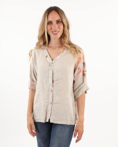 Camicia stampata floreale 100% puro lino con manica a 3/4 -  Collezione Ambra