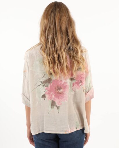 Camicia stampata floreale 100% puro lino con manica a 3/4 -  Collezione Ambra