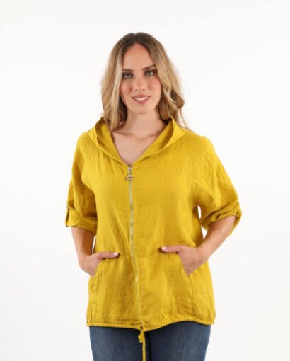 Giubbino da donna 100% lino con cappuccio e tasca a marsupio - Collezione Ambra