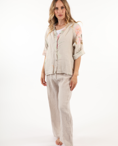 Completo camicia floreale + pantaloni 100% LINO