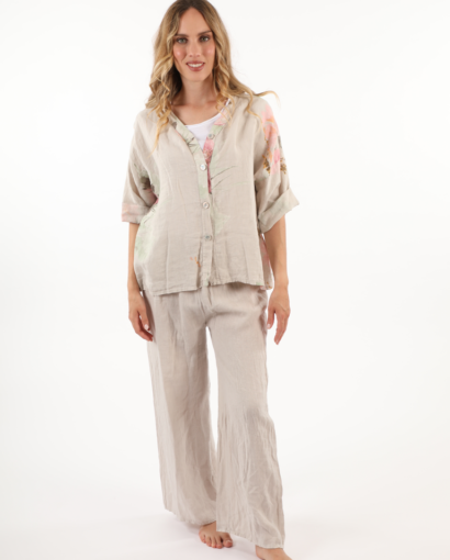 Completo camicia floreale + pantaloni 100% LINO