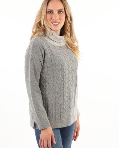 Maglia da donna in lana con collo a ciambella e lavorazione a trecce bicolore - Ciambella Trecce Bicolor