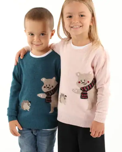 Girocollo in lana e cashmere unisex bimba/o intarsiato con soggetto - Giro Orso Riccio