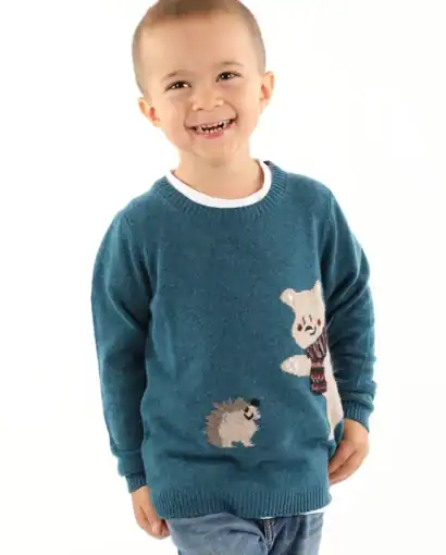 Girocollo in lana e cashmere unisex bimba/o intarsiato con soggetto - Giro Orso Riccio