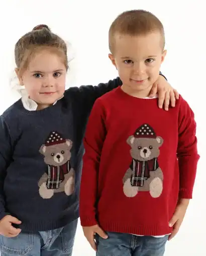 Girocollo in misto lana, seta e cashmere unisex bimba/o intarsiato con orsetto natalizio - Orsetto Natale