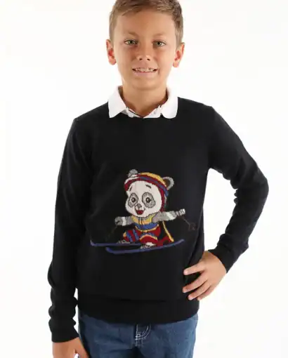 Girocollo in lana e cashmere unisex bimba/o intarsiato -  Panda sci