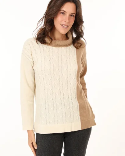 Maglia da donna in lana con collo a ciambella e lavorazione a trecce bicolore - Ciambella Trecce Bicolor