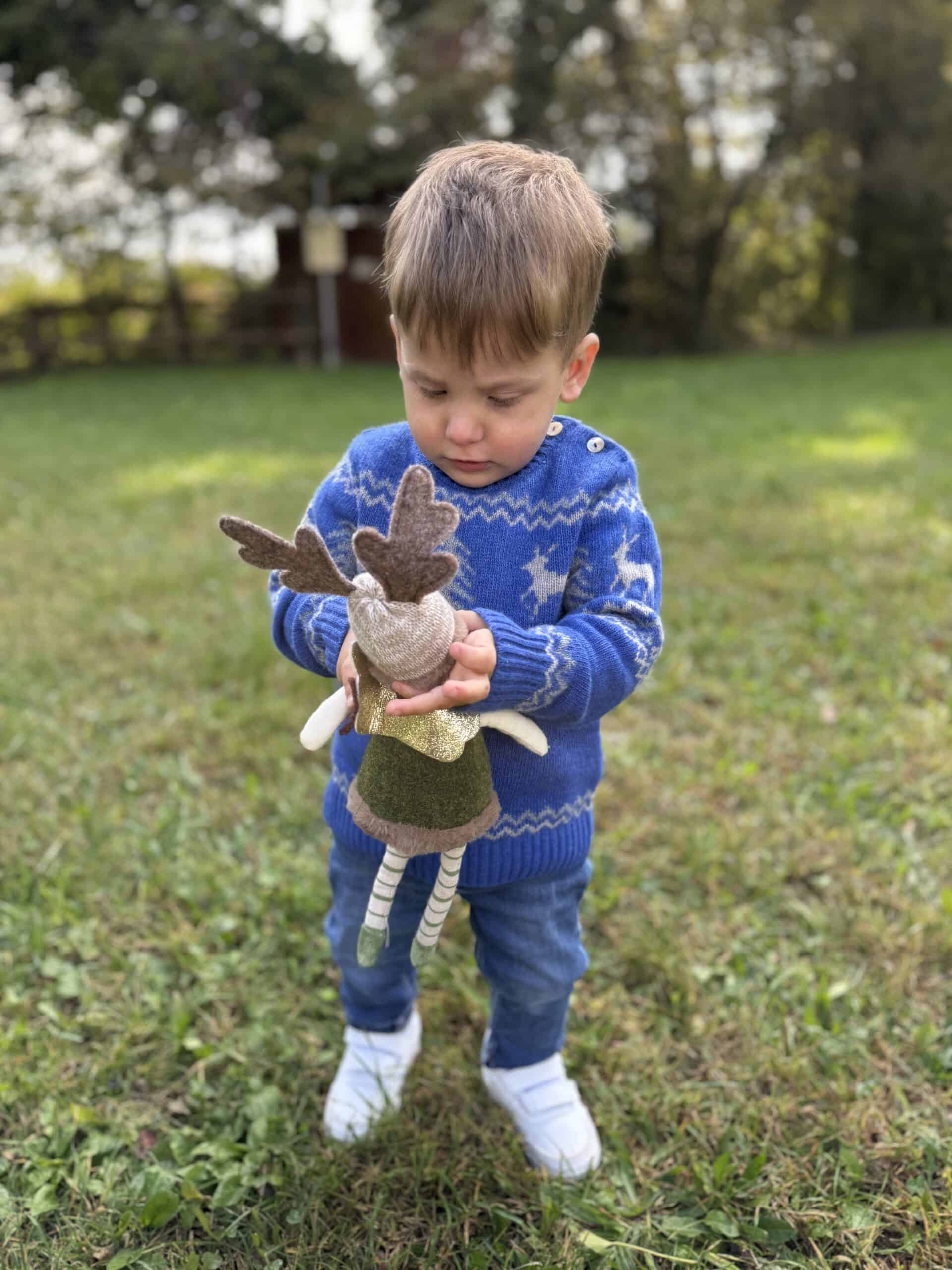 Piccolo bambino con maglione natalizio blu mentre tiene una renna di peluche in un parco all'aperto durante l'autunno.
