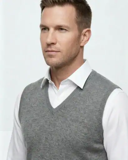 Uomo elegante indossa un maglione grigio e una camicia bianca, rappresentando lo stile classico e di alta qualità di Maglificio Annamaria.