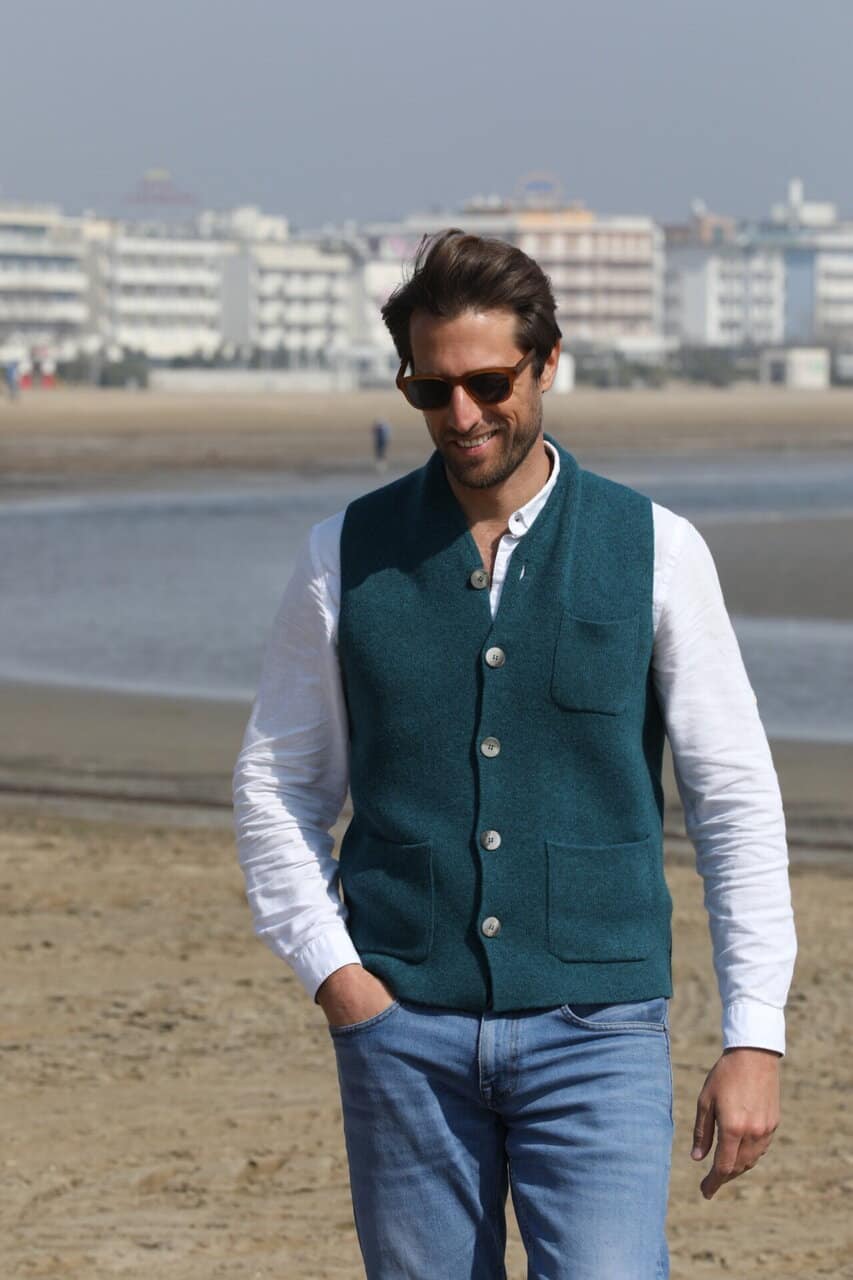 Gilè in lana da uomo scollato a V in punto tessuto con tasche e bottoni Gilè Giovanni