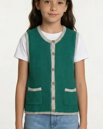 Bambina con maglione verde acqua in lana, vestita casualmente con jeans, posa davanti a sfondo bianco.