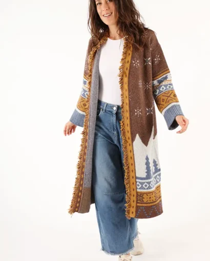 Cardigan lungo da donna in jacquard alpino con frange  - Cappotto Courmayeur