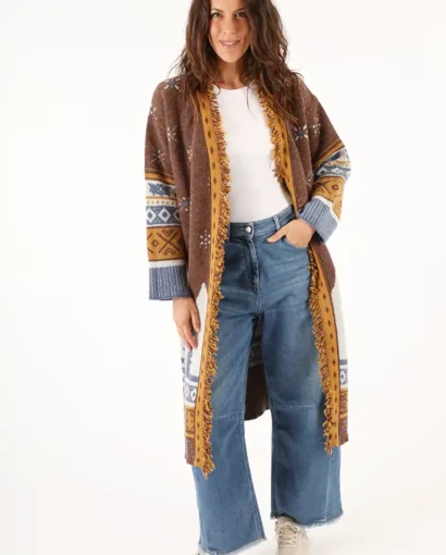Cardigan lungo da donna in jacquard alpino con frange  - Cappotto Courmayeur