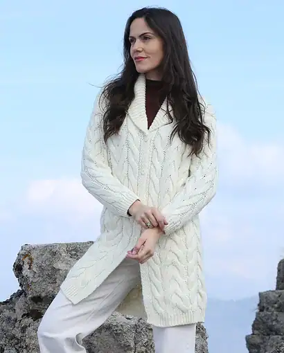 Women's Cable Knit Wool Coat with Shawl Collar - Shawl Collar Cable Knit Coat