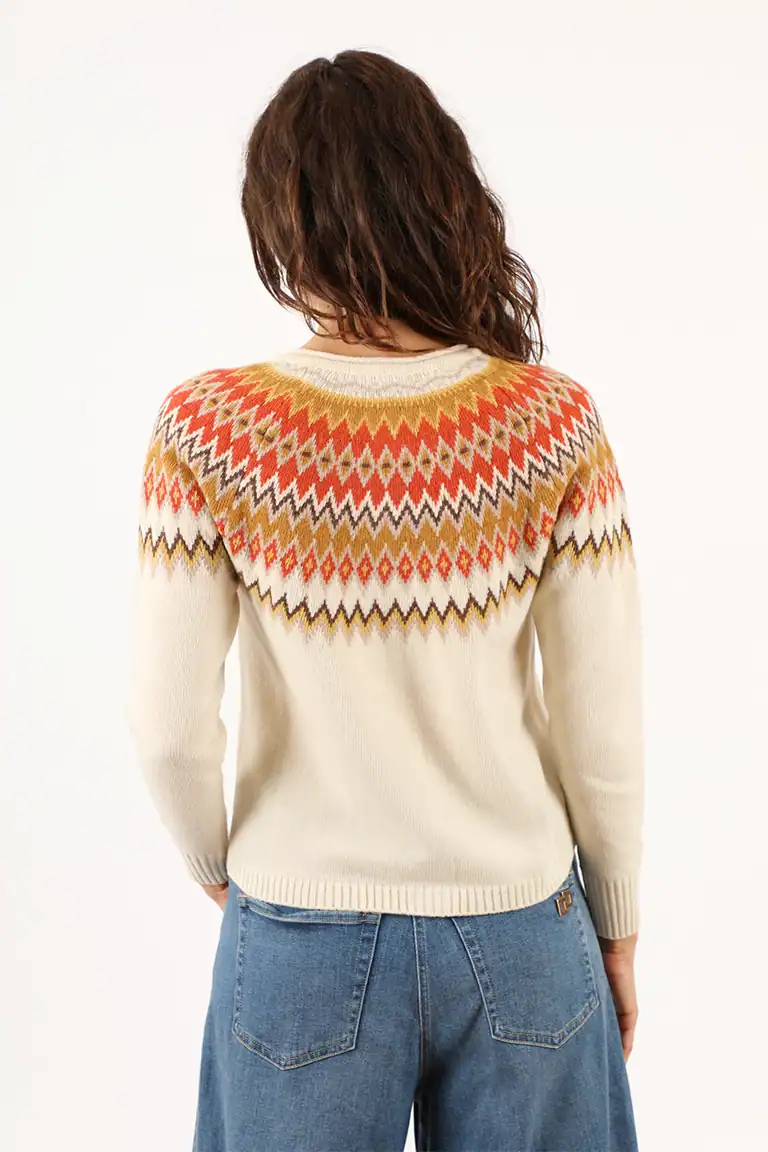 Maglione donna con motivo a zigzag colorato, realizzato a mano dal Maglificio Annamaria, perfetto per uno stile casual e caldo in inverno.