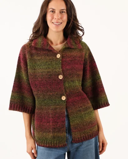 Women's Jacquard Wool Poncho with 3 Buttons, Pockets and Shirt Collar - Jacquard Pocket Poncho