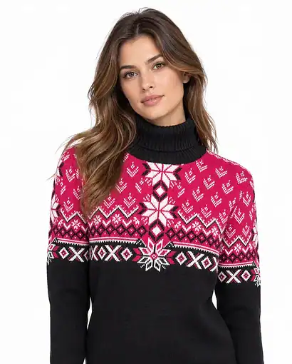 Maglione natalizio rosa e nero con motivi geometrici e fiocco, ideale per le festività, disponibile da Maglificio Annamaria.