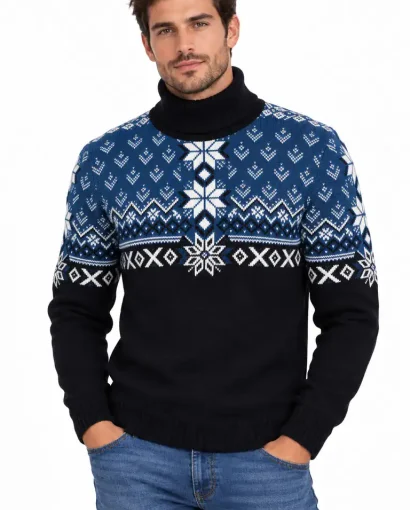 Maglione natalizio blu con motivi a fiocco di neve e pattern tradizionali, ideale per le festività, disponibile presso Maglificio Annamaria.