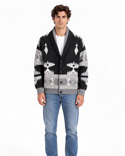 Cardigan in lana da uomo con collo sciallato e disegno a jacquard geometrico - Cardigan Zeus