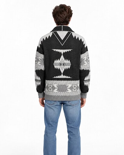 Cardigan in lana da uomo con collo sciallato e disegno a jacquard geometrico - Cardigan Zeus